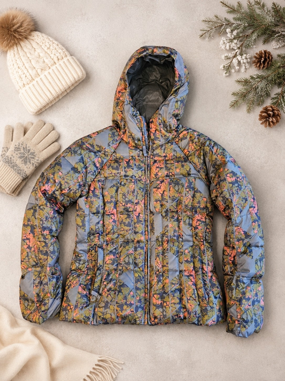 Womens Prana Floral Quilted Hooded Puffer Jacket